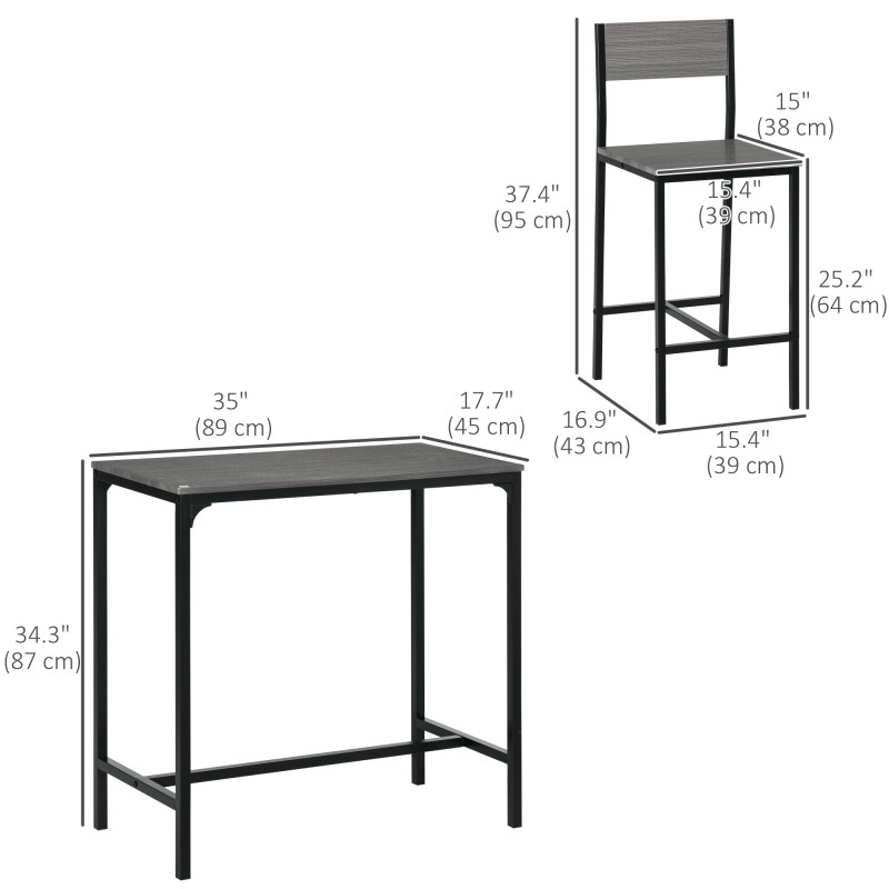 Industrial Bar Table Set Counter Height 3 Piece and 2 High Back Stools Set Dining Table Set Grey