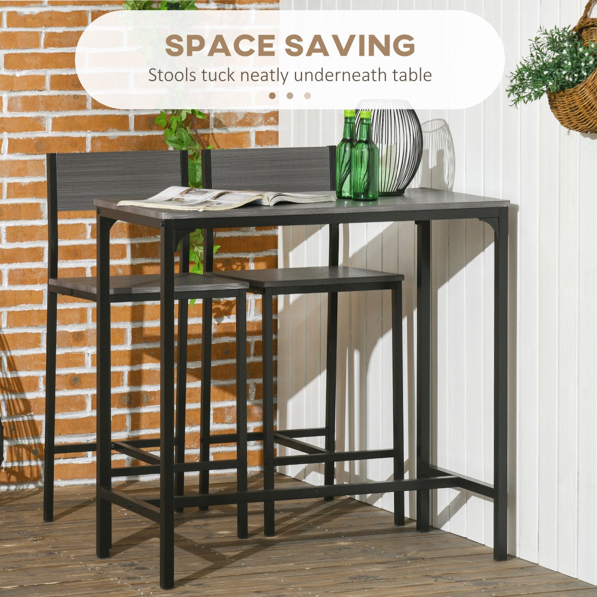 Industrial Bar Table Set Counter Height 3 Piece and 2 High Back Stools Set Dining Table Set Grey