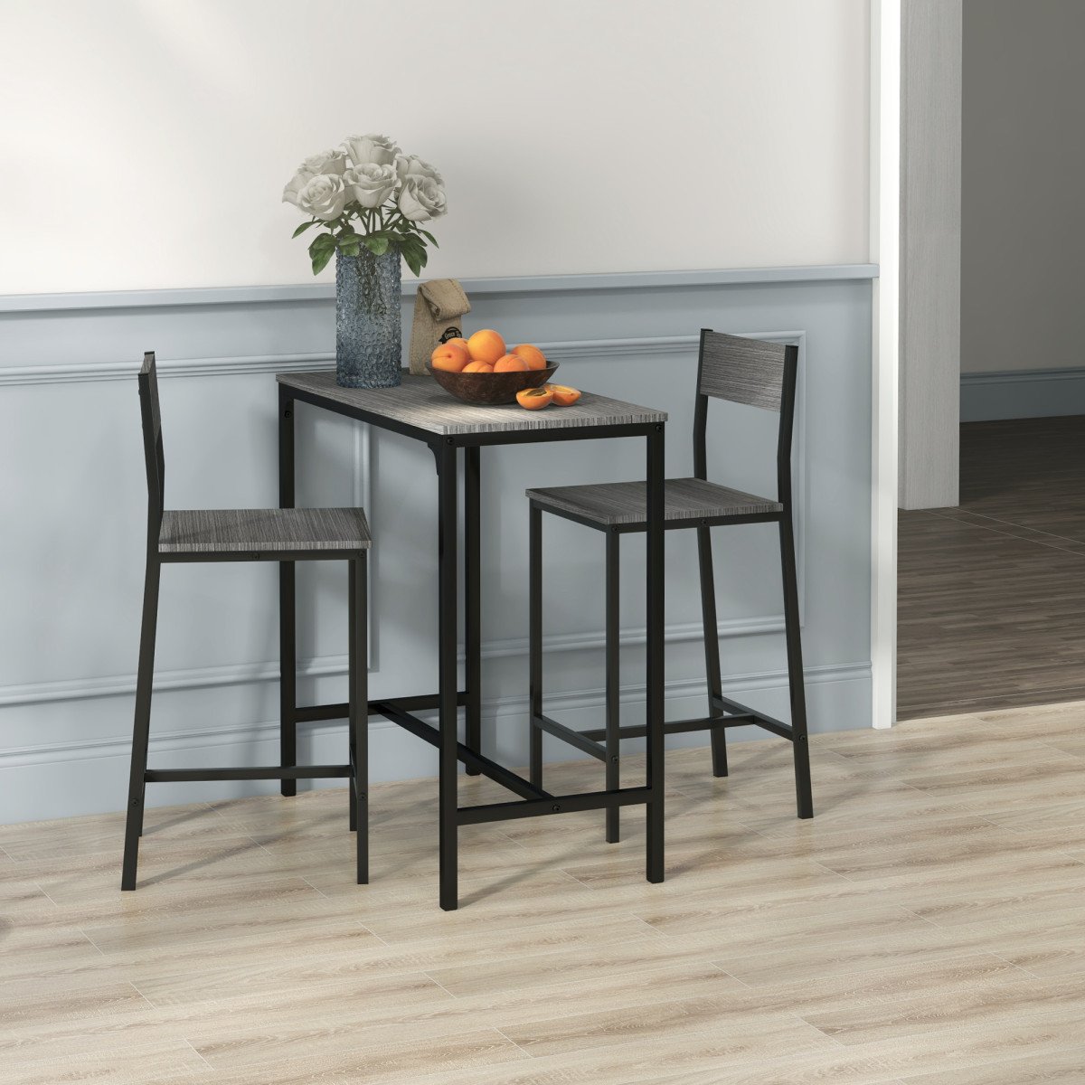 Industrial Bar Table Set Counter Height 3 Piece and 2 High Back Stools Set Dining Table Set Grey