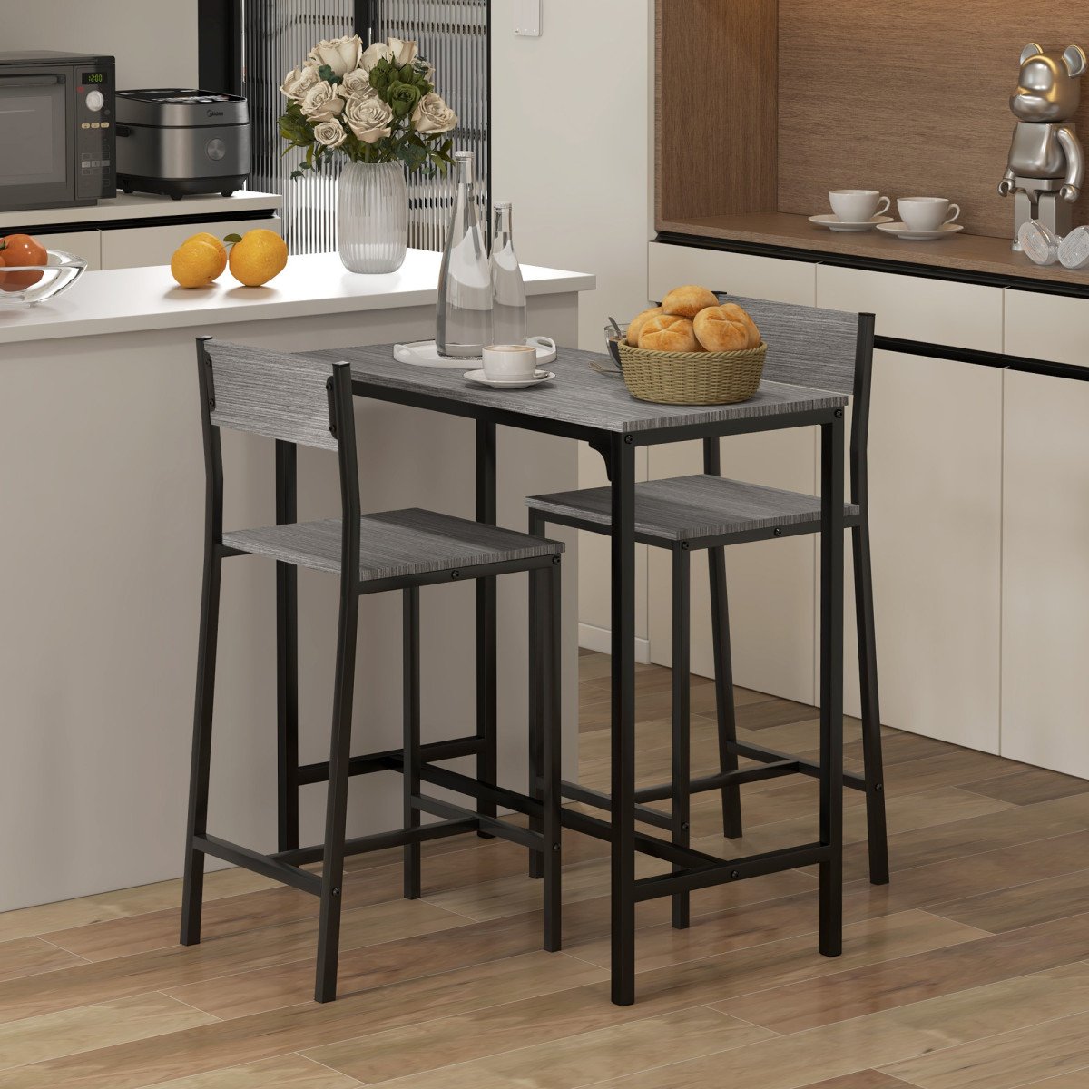 Industrial Bar Table Set Counter Height 3 Piece and 2 High Back Stools Set Dining Table Set Grey