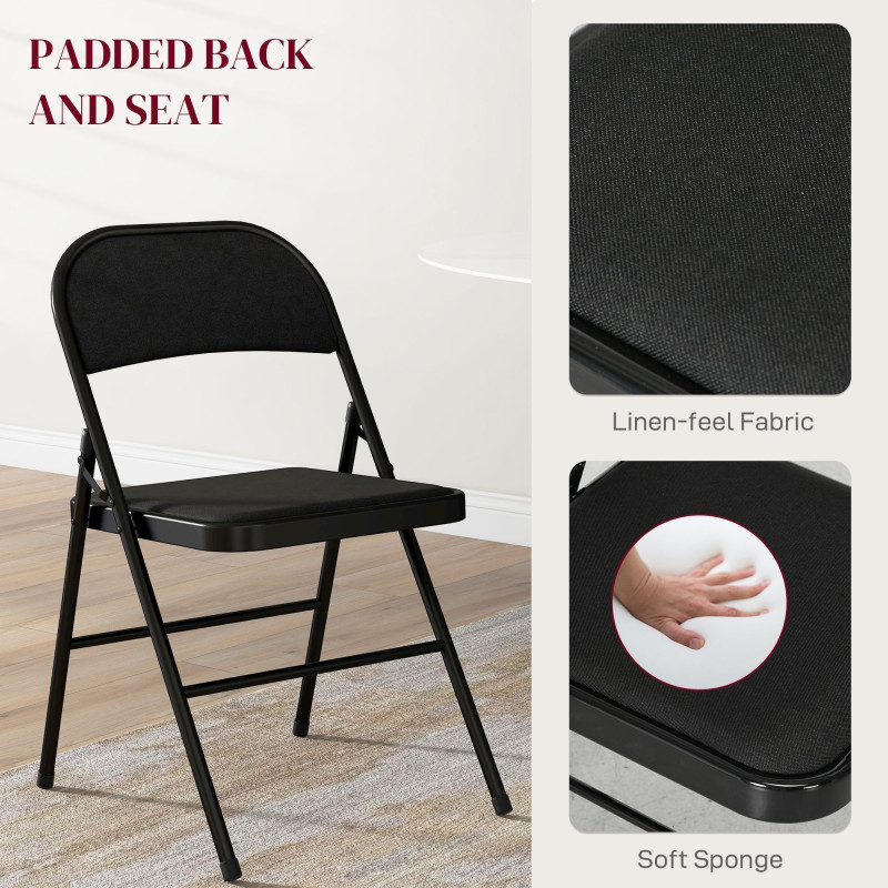 Set of 4 Metal Foldable Chairs, Linen Fabric Padded Folding Chairs with Cushion Seat and Open Back for Indoor, Black
