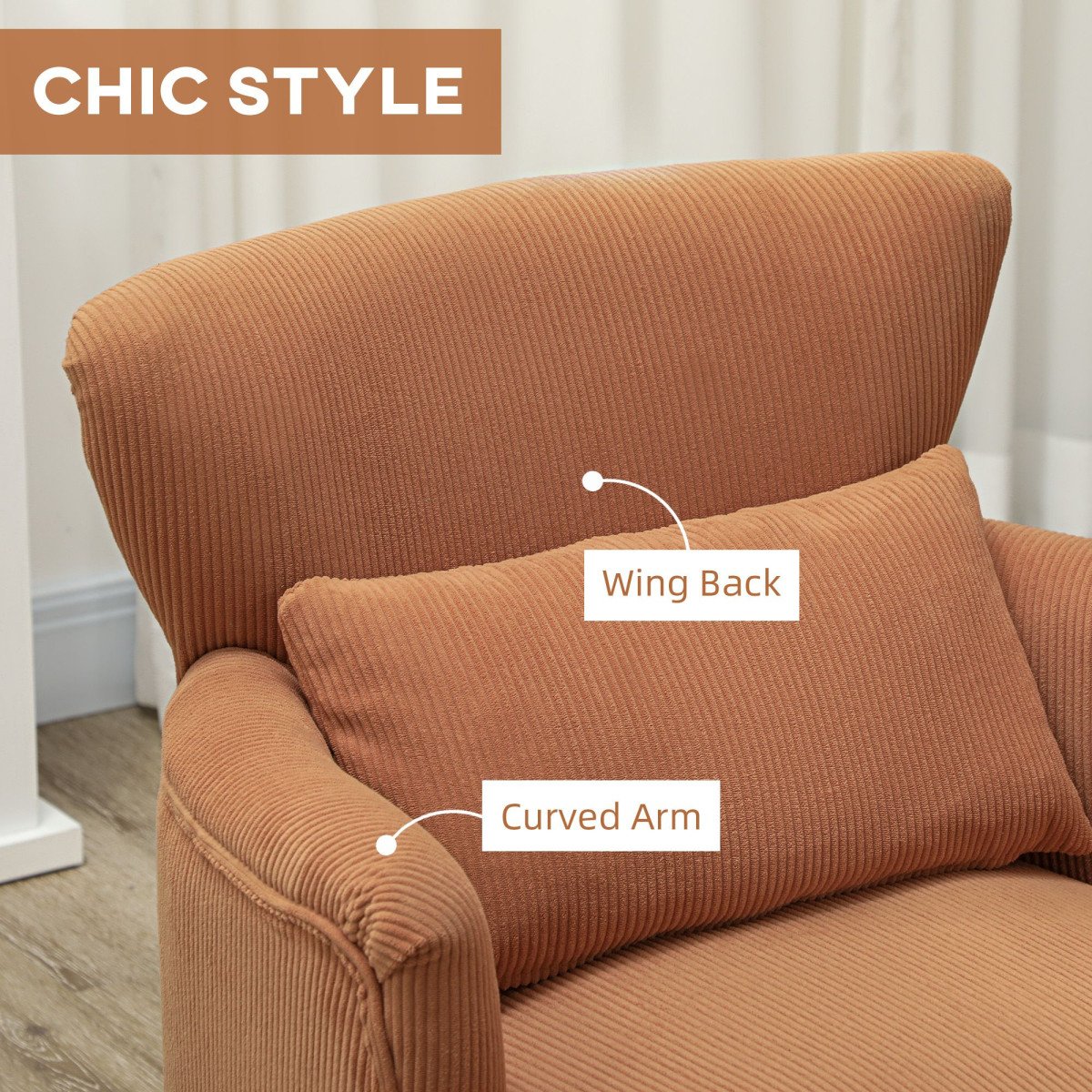 Modern Accent Chair, Upholstered Armchair with Solid Wood Legs and Lumbar Pillow for Living Room, Orange