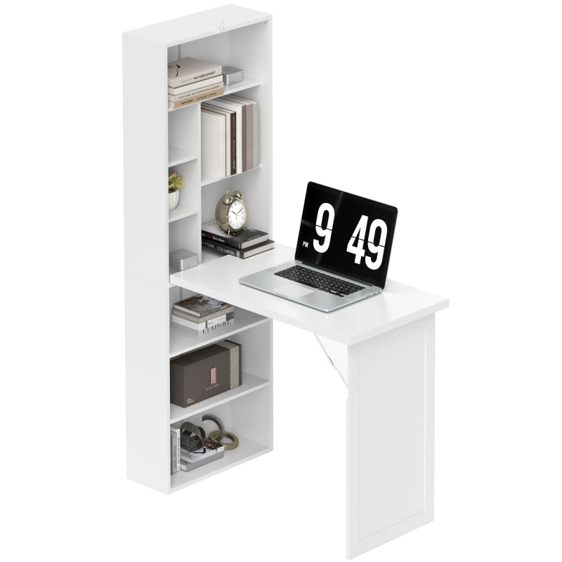 Fold-out Convertible Office Desk, Wall Mount Computer Desk with Whiteboard and Side Shelf, White