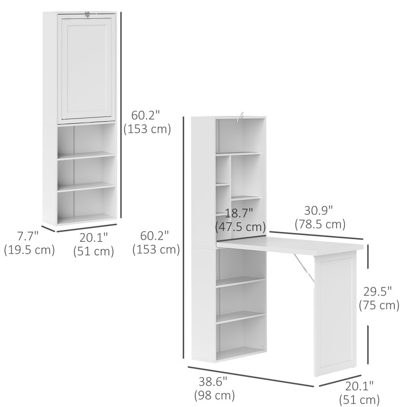 Fold-out Convertible Office Desk, Wall Mount Computer Desk with Whiteboard and Side Shelf, White