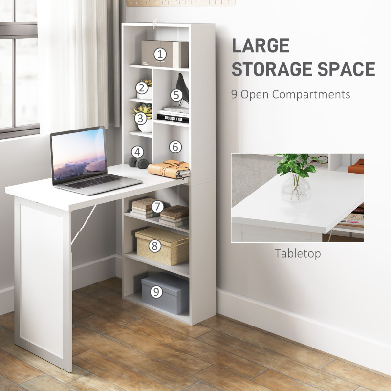 Fold-out Convertible Office Desk, Wall Mount Computer Desk with Whiteboard and Side Shelf, White