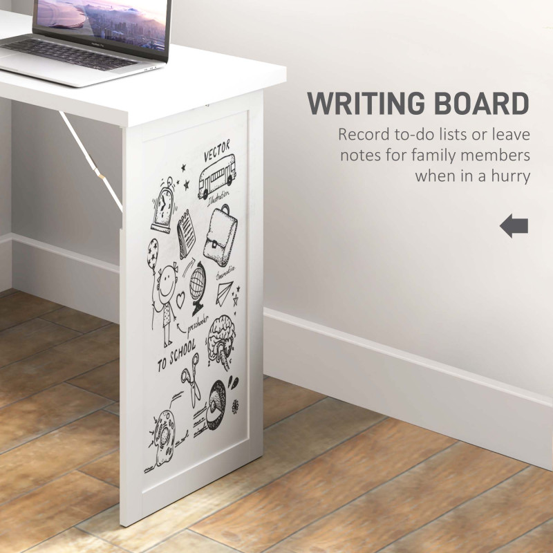 Fold-out Convertible Office Desk, Wall Mount Computer Desk with Whiteboard and Side Shelf, White