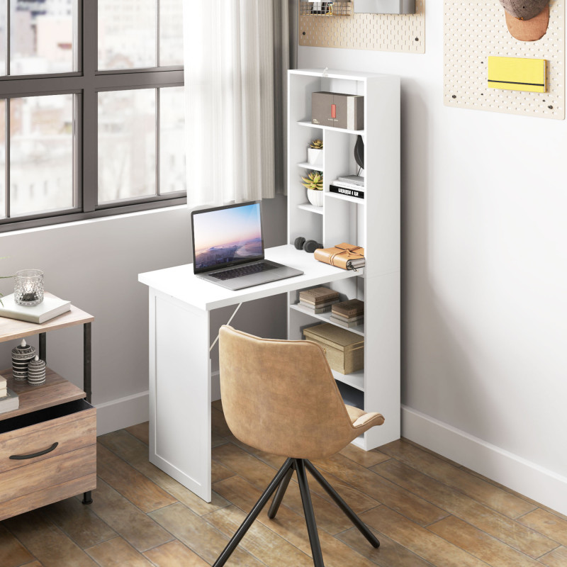 Fold-out Convertible Office Desk, Wall Mount Computer Desk with Whiteboard and Side Shelf, White
