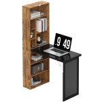 Fold-out Convertible Office Desk, Wall Mount Computer Desk with Blackboard and Side Shelf, Rustic Brown