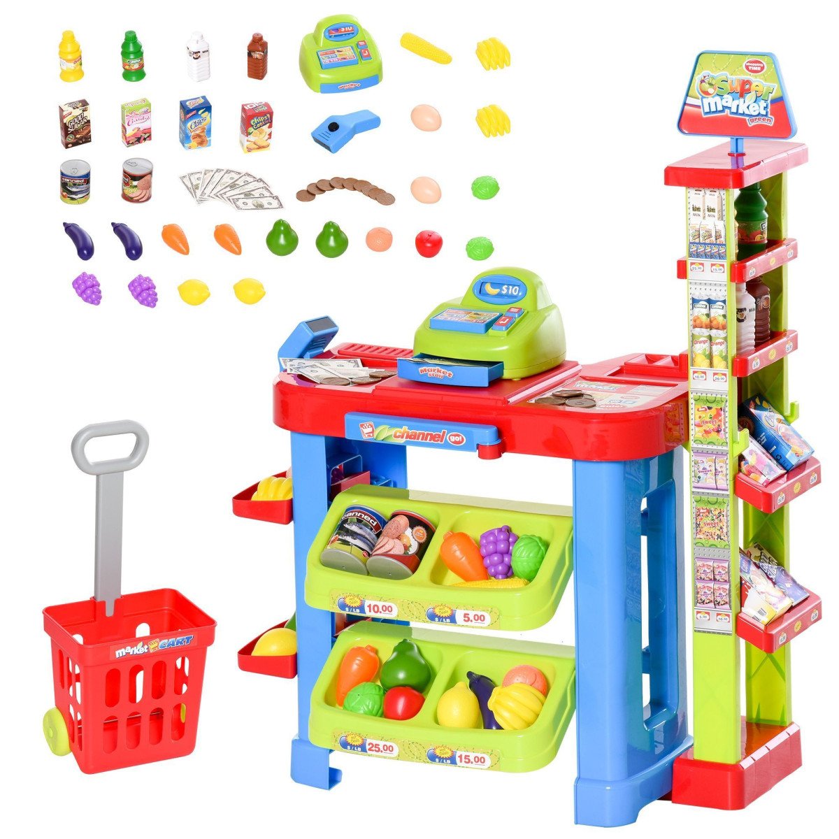 Qaba Supermarket Playset Cash Register Toy for Kids, 50 Pcs Grocery Store Pretend Play Toy with Food, Check-Out Counter, Scanner, Shelves, Gift for Boys Girls Age 3 4 5 6