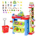 Qaba Supermarket Playset Cash Register Toy for Kids, 50 Pcs Grocery Store Pretend Play Toy with Food, Check-Out Counter, Scanner, Shelves, Gift for Boys Girls Age 3 4 5 6