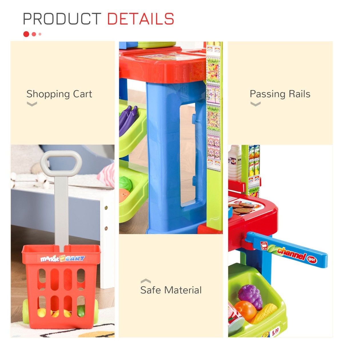 Qaba Supermarket Playset Cash Register Toy for Kids, 50 Pcs Grocery Store Pretend Play Toy with Food, Check-Out Counter, Scanner, Shelves, Gift for Boys Girls Age 3 4 5 6