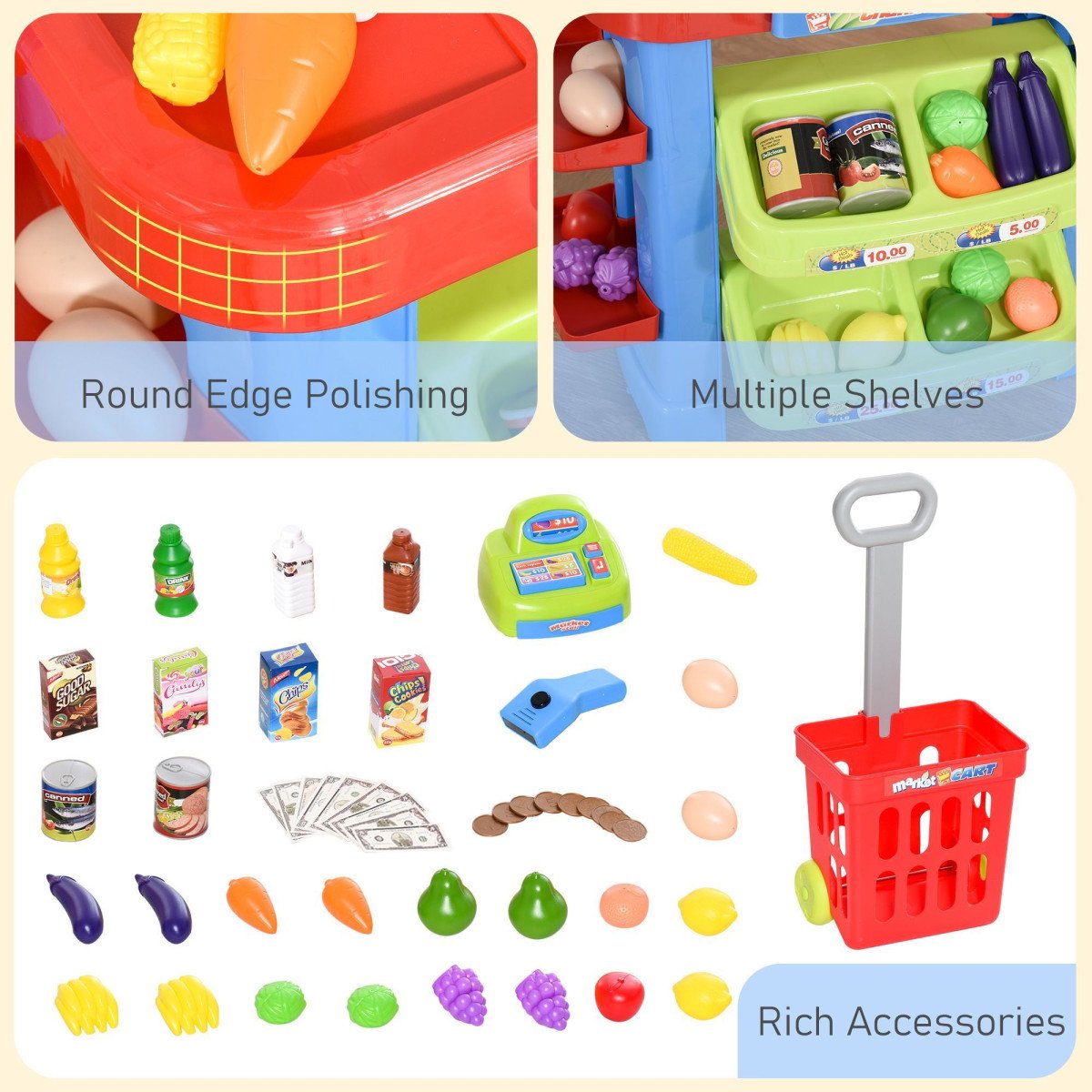 Qaba Supermarket Playset Cash Register Toy for Kids, 50 Pcs Grocery Store Pretend Play Toy with Food, Check-Out Counter, Scanner, Shelves, Gift for Boys Girls Age 3 4 5 6