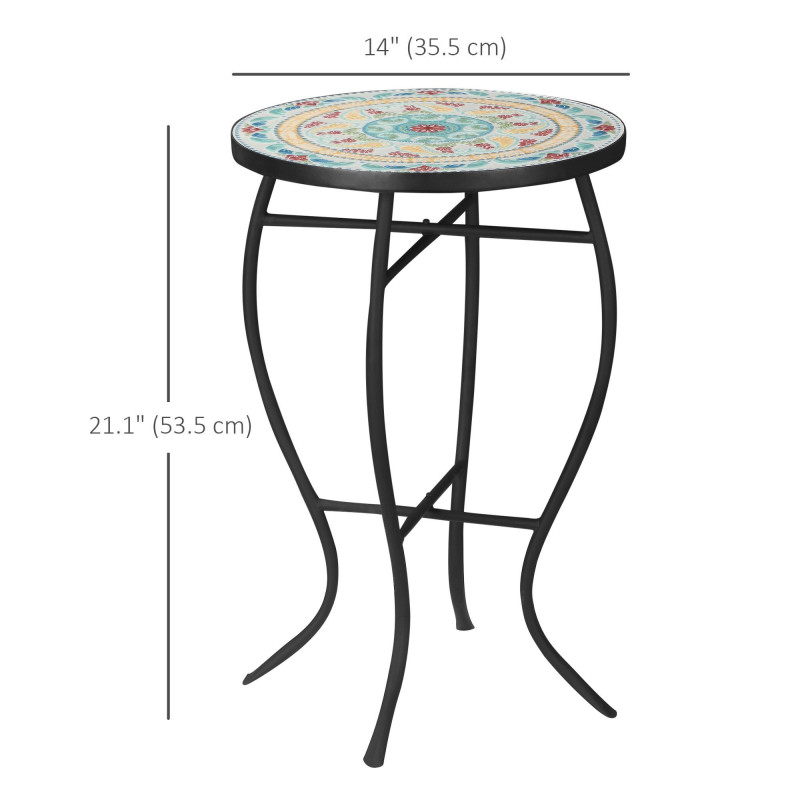 Mosaic Patio Table, Round Coffee Table with Metal Frame, Garden Furniture for Outdoor, Poolside, Multicolor