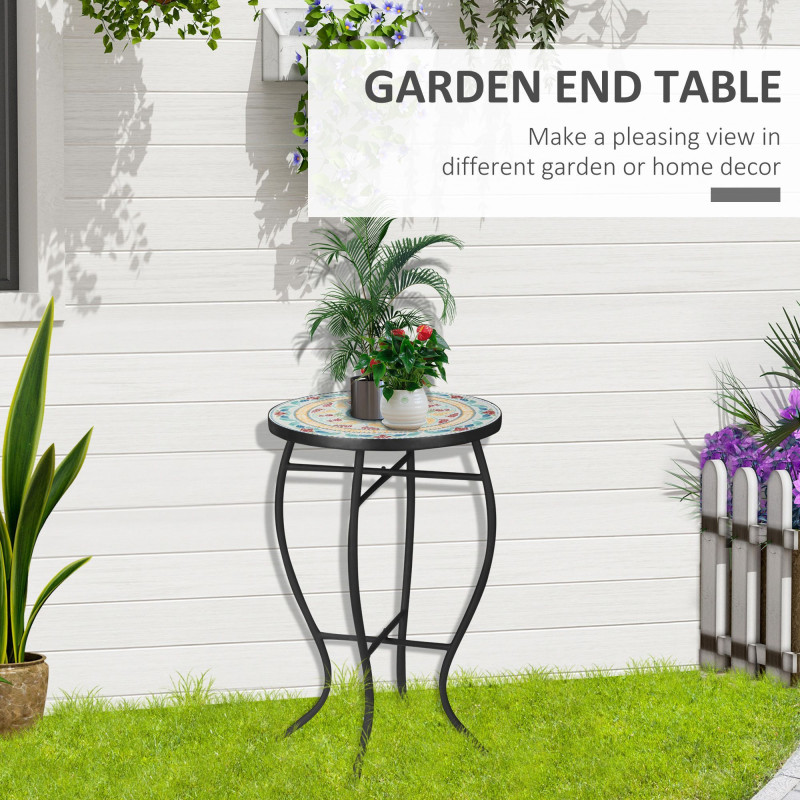 Mosaic Patio Table, Round Coffee Table with Metal Frame, Garden Furniture for Outdoor, Poolside, Multicolor