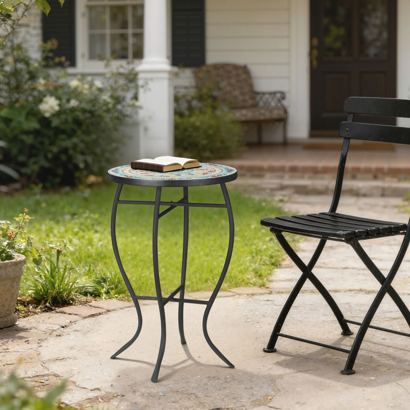 Mosaic Patio Table, Round Coffee Table with Metal Frame, Garden Furniture for Outdoor, Poolside, Multicolor
