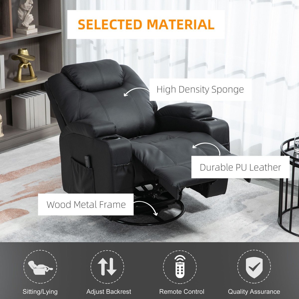 Massage Recliner Chair, Swivel Nursery Rocker Chair, Manual Reclining Sofa with 8 Vibration Points, PU Leather, Cup Holders, Side Pockets, for Living Room, Black