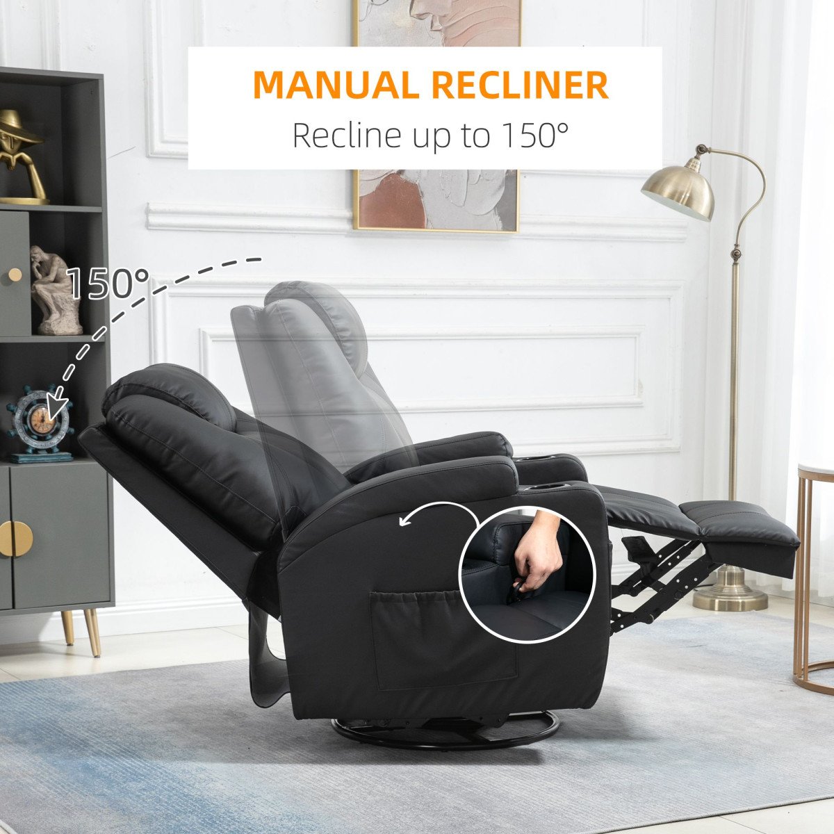 Massage Recliner Chair, Swivel Nursery Rocker Chair, Manual Reclining Sofa with 8 Vibration Points, PU Leather, Cup Holders, Side Pockets, for Living Room, Black