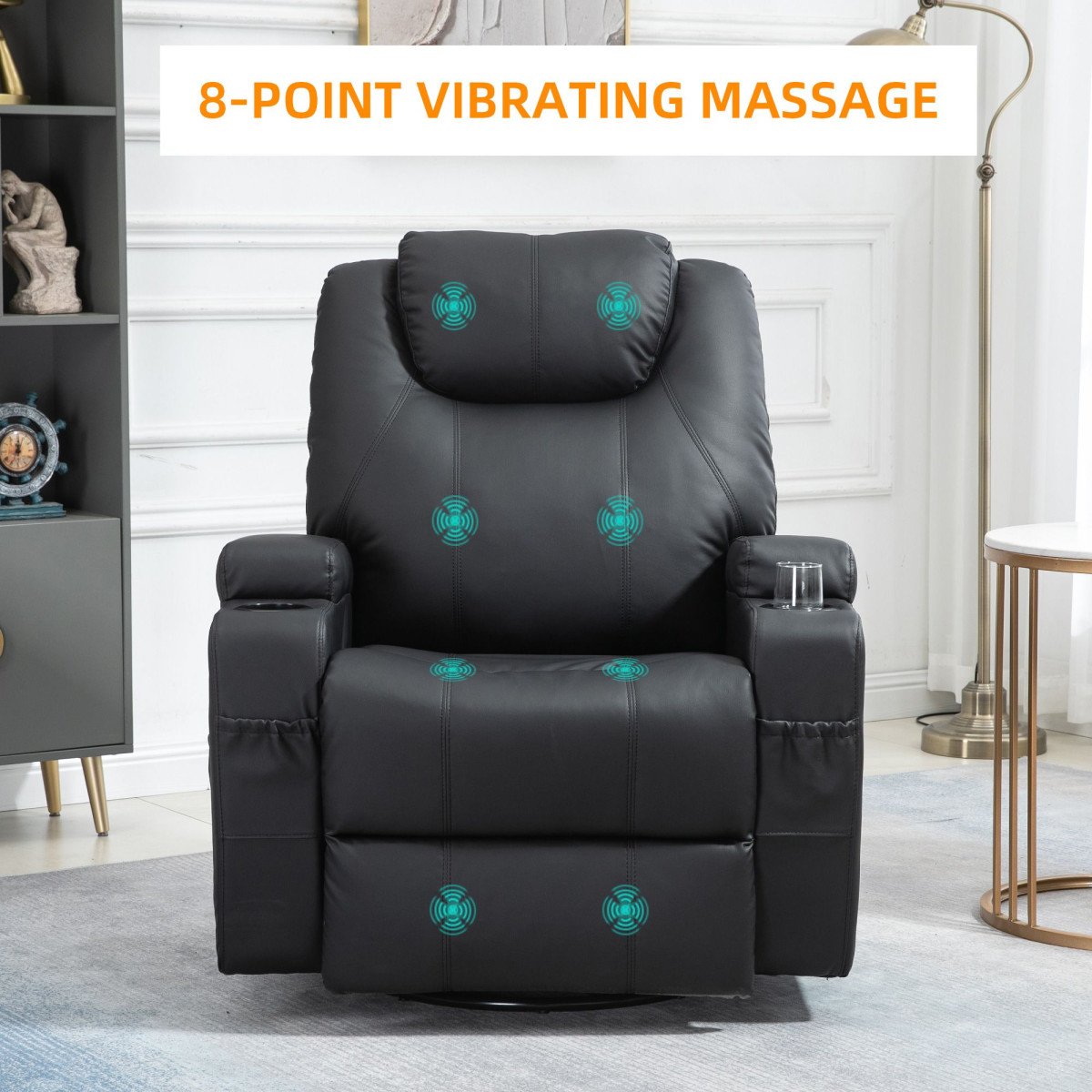 Massage Recliner Chair, Swivel Nursery Rocker Chair, Manual Reclining Sofa with 8 Vibration Points, PU Leather, Cup Holders, Side Pockets, for Living Room, Black