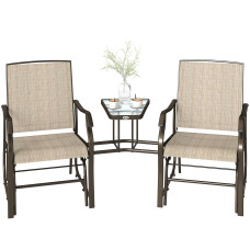 Double Patio Glider Chair with Glass Top Center Table, Outdoor Glider Loveseat with High Back,  All Weather Breathable Mesh Fabric for Garden, Backyard, Deck, Light Brown