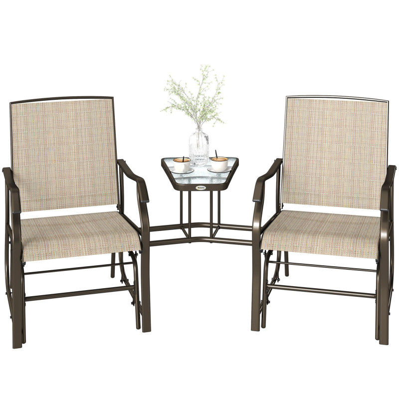 Double Patio Glider Chair with Glass Top Center Table, Outdoor Glider Loveseat with High Back,  All Weather Breathable Mesh Fabric for Garden, Backyard, Deck, Light Brown