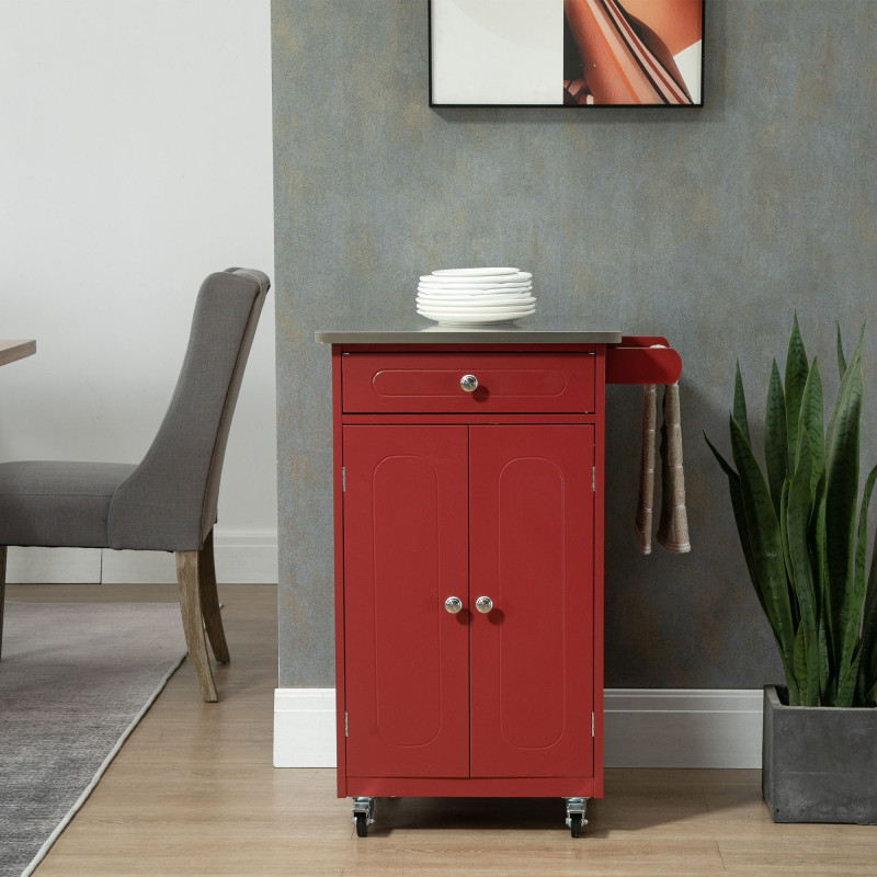 Kitchen Cart, Small Kitchen Island, Stainless Steel Top Utility Trolley on Wheels with Storage Drawer for Dining Room, Kitchen, Red