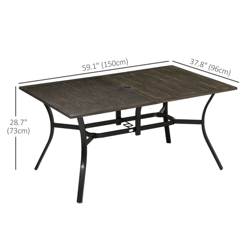 Steel Frame 59 Inch Outdoor Dining Table for Six with Parasol Hole, Wood Grain Tabletop, for Backyard, Garden, Brown