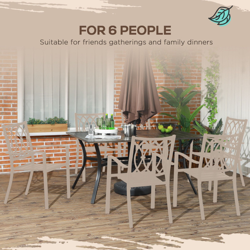 Steel Frame 59 Inch Outdoor Dining Table for Six with Parasol Hole, Wood Grain Tabletop, for Backyard, Garden, Brown