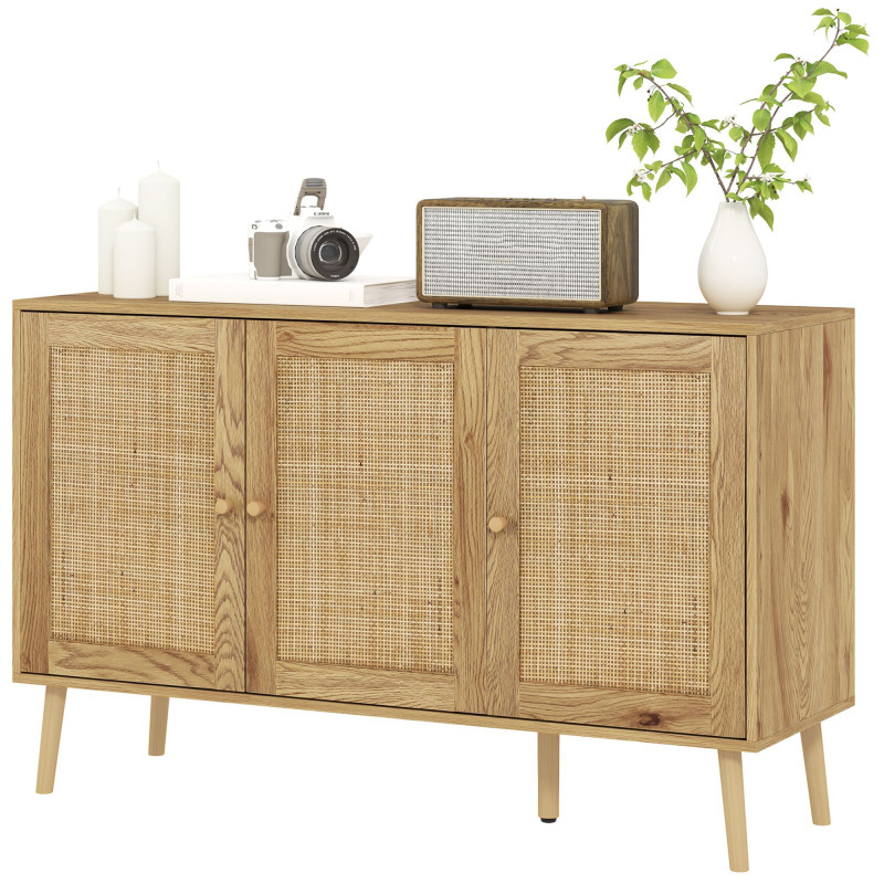 Bohemian Sideboard with Rattan Doors & Adjustable Shelf, Natural Wood Finish
