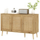 Bohemian Sideboard with Rattan Doors & Adjustable Shelf, Natural Wood Finish