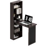 Fold-out Convertible Office Desk, Wall Mount Computer Desk with Blackboard and Side Shelf, Brown