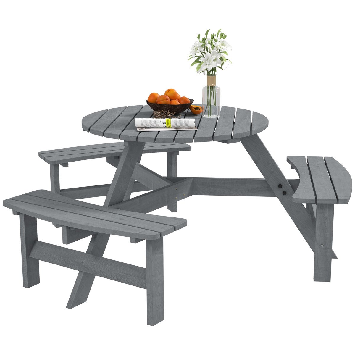 6 Person Round Picnic Table Bench Set with Umbrella Hole, Wood Patio Table with 3 Built-in Benches for Garden, Deck, Backyard, Grey