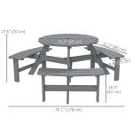 6 Person Round Picnic Table Bench Set with Umbrella Hole, Wood Patio Table with 3 Built-in Benches for Garden, Deck, Backyard, Grey