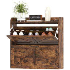 Narrow Shoe Storage Cabinet, Farmhouse Slim Shoe Cabinet with 2 Flip Drawers, Adjustable Shelves, Rustic Brown