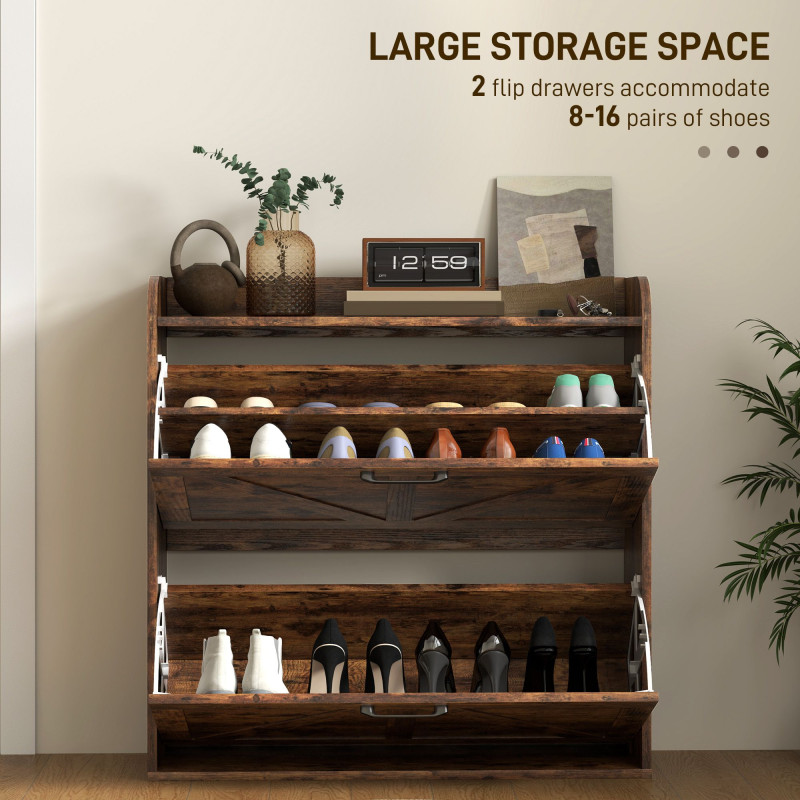 Narrow Shoe Storage Cabinet, Farmhouse Slim Shoe Cabinet with 2 Flip Drawers, Adjustable Shelves, Rustic Brown
