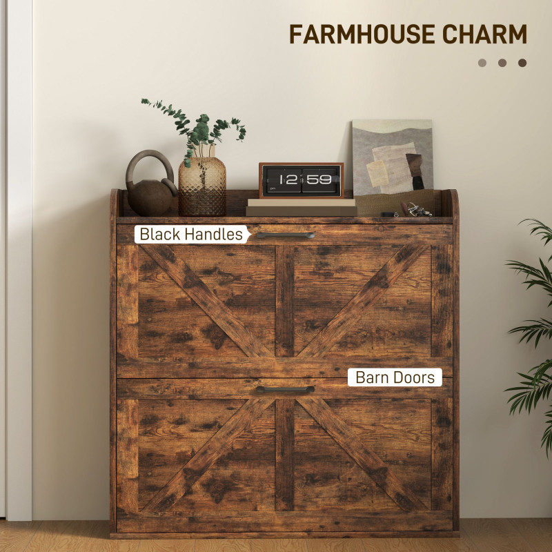 Narrow Shoe Storage Cabinet, Farmhouse Slim Shoe Cabinet with 2 Flip Drawers, Adjustable Shelves, Rustic Brown