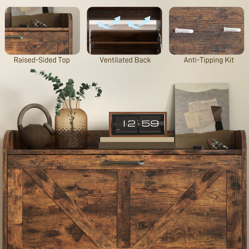 Narrow Shoe Storage Cabinet, Farmhouse Slim Shoe Cabinet with 2 Flip Drawers, Adjustable Shelves, Rustic Brown
