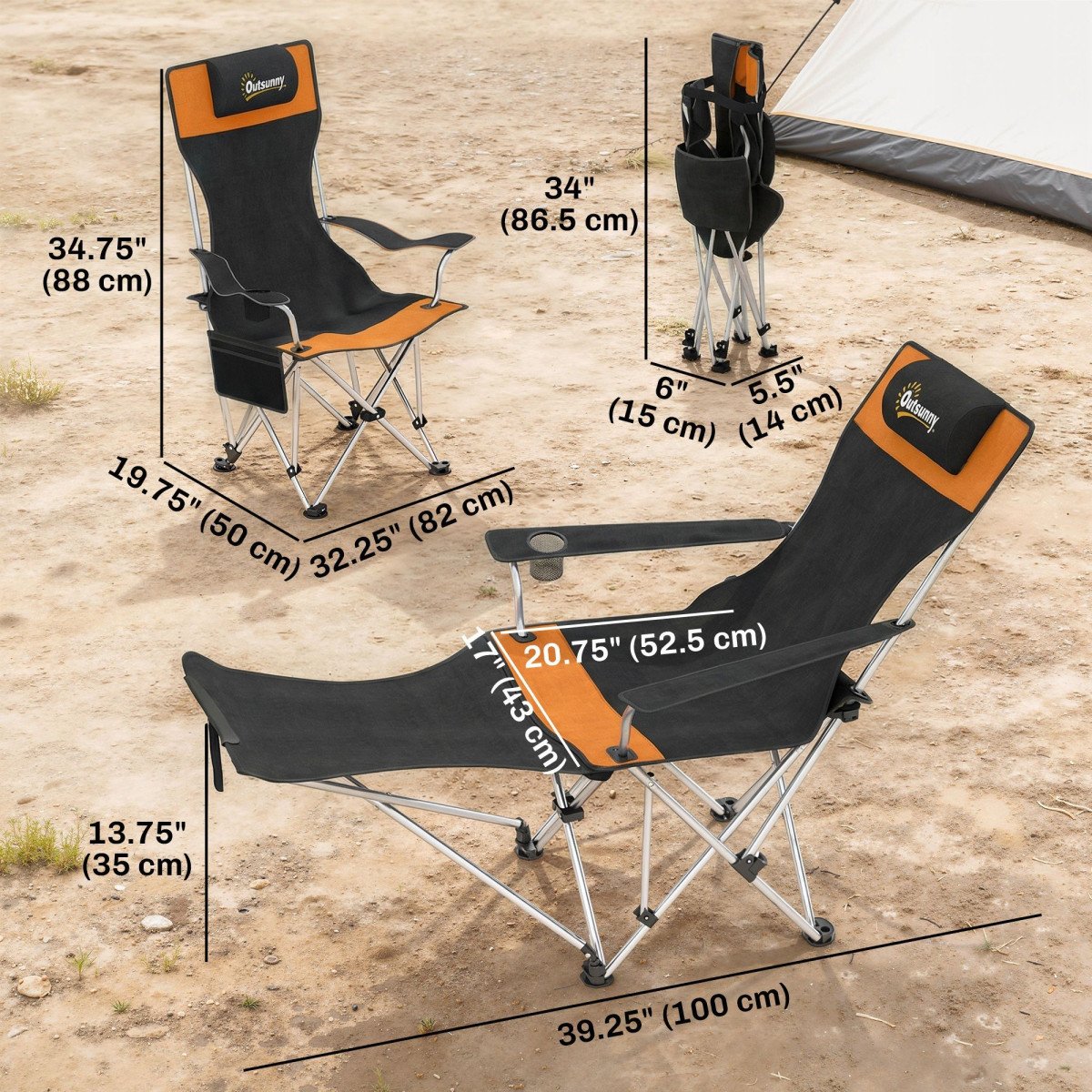 Set of 2 Reclining Camping Chair with Foot Rest, Folding Camping Chair w/ Headrest, Cup Holder, Storage Bag, Orange