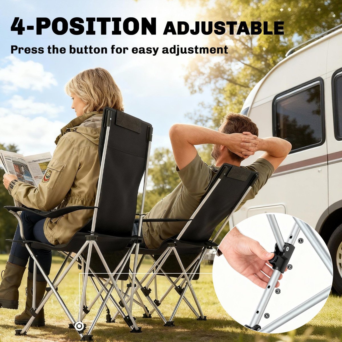 Set of 2 Reclining Camping Chair with Foot Rest, Folding Camping Chair w/ Headrest, Cup Holder, Storage Bag, Orange