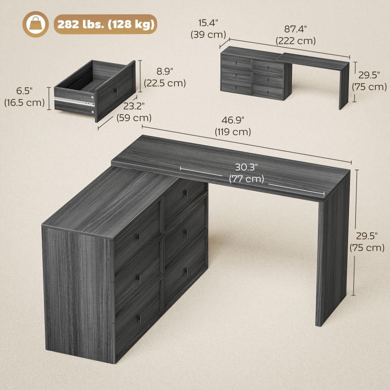 L Shaped Computer Desk Home Office Desk with 6 Drawers Black Wood Grain