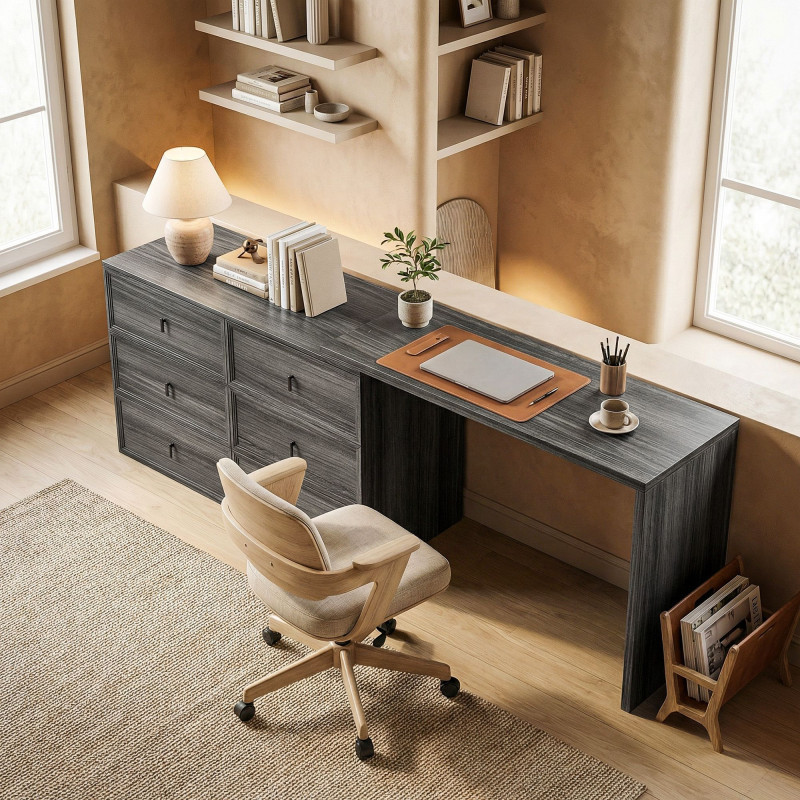 L Shaped Computer Desk Home Office Desk with 6 Drawers Black Wood Grain