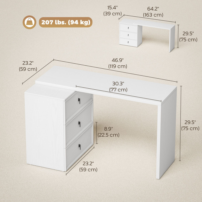 L Shaped Computer Desk Home Office Desk with 3 Drawers White Wood Grain