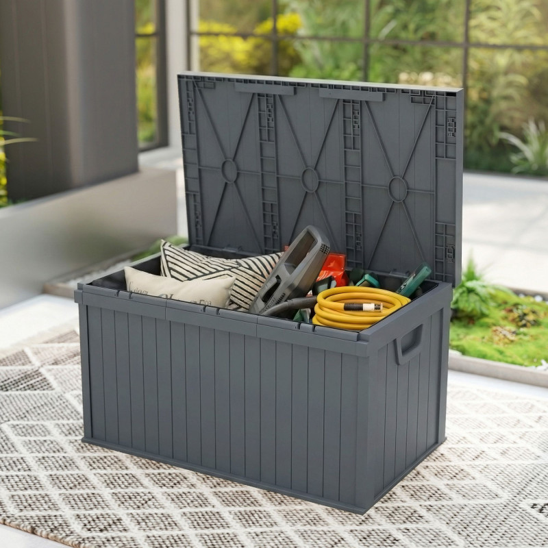 70 Gallon Deck Box, Resin Outdoor Storage Box with Handles, Waterproof Storage Container for Garden Tools, Dark Grey
