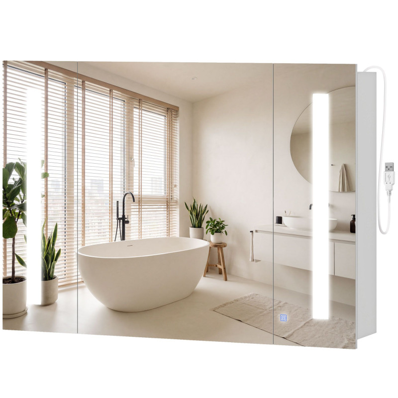 Medicine Cabinet with Mirror, Wall Mounted Bathroom Mirror Cabinet with Adjustable Shelf, USB Charge, High Gloss White