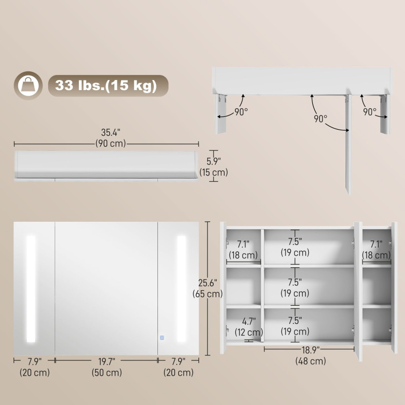 Medicine Cabinet with Mirror, Wall Mounted Bathroom Mirror Cabinet with Adjustable Shelf, USB Charge, High Gloss White