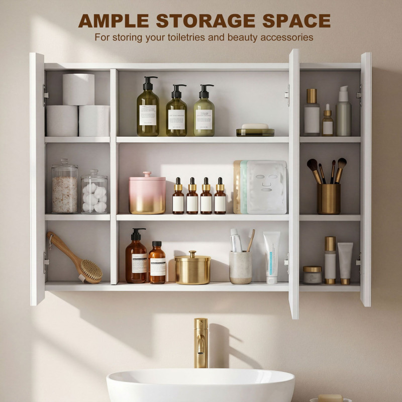 Medicine Cabinet with Mirror, Wall Mounted Bathroom Mirror Cabinet with Adjustable Shelf, USB Charge, High Gloss White
