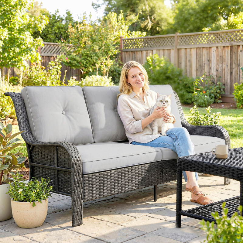 Wicker Patio Sofa with Cushions, 3 Seater Rattan Outdoor Couch for Patio, Garden, Porch, Backyard, Light Grey