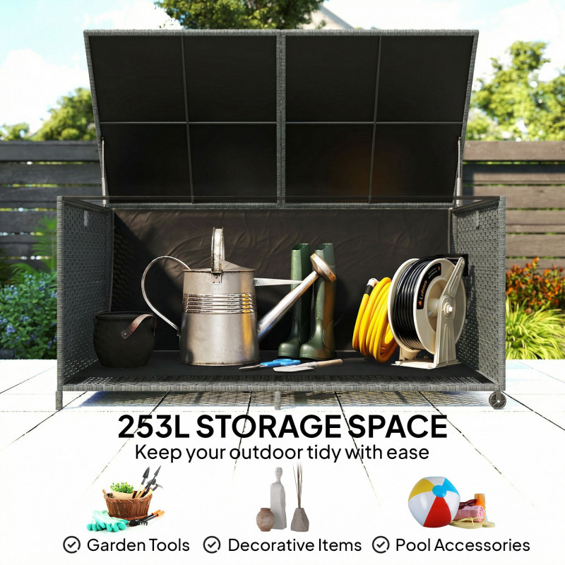 162 Gallon Rattan Deck Box with Wheels, Wicker Outdoor Storage Box with Waterproof Zippered Liner, Safe Pneumatic Rod