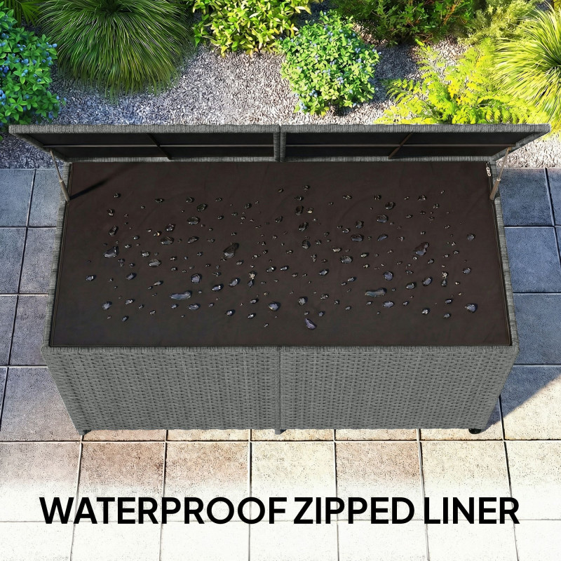 162 Gallon Rattan Deck Box with Wheels, Wicker Outdoor Storage Box with Waterproof Zippered Liner, Safe Pneumatic Rod
