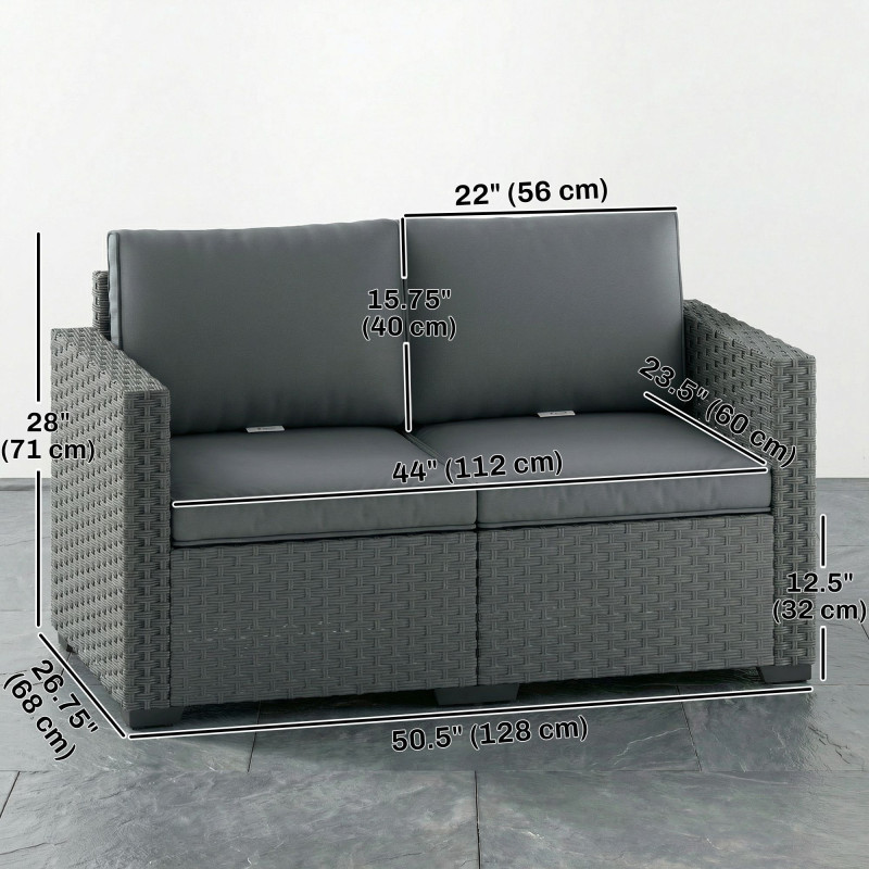 2 Seater Outdoor Couch Patio Sofa with Deep Seat, Cushions, Wide Armrests for Garden, Balcony, Porch, Dark Grey