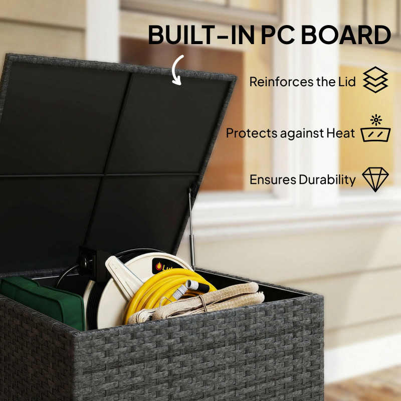 67 Gallon Rattan Deck Box, Wicker Outdoor Storage Box with Waterproof Zippered Liner, Safe Pneumatic Rod, Grey